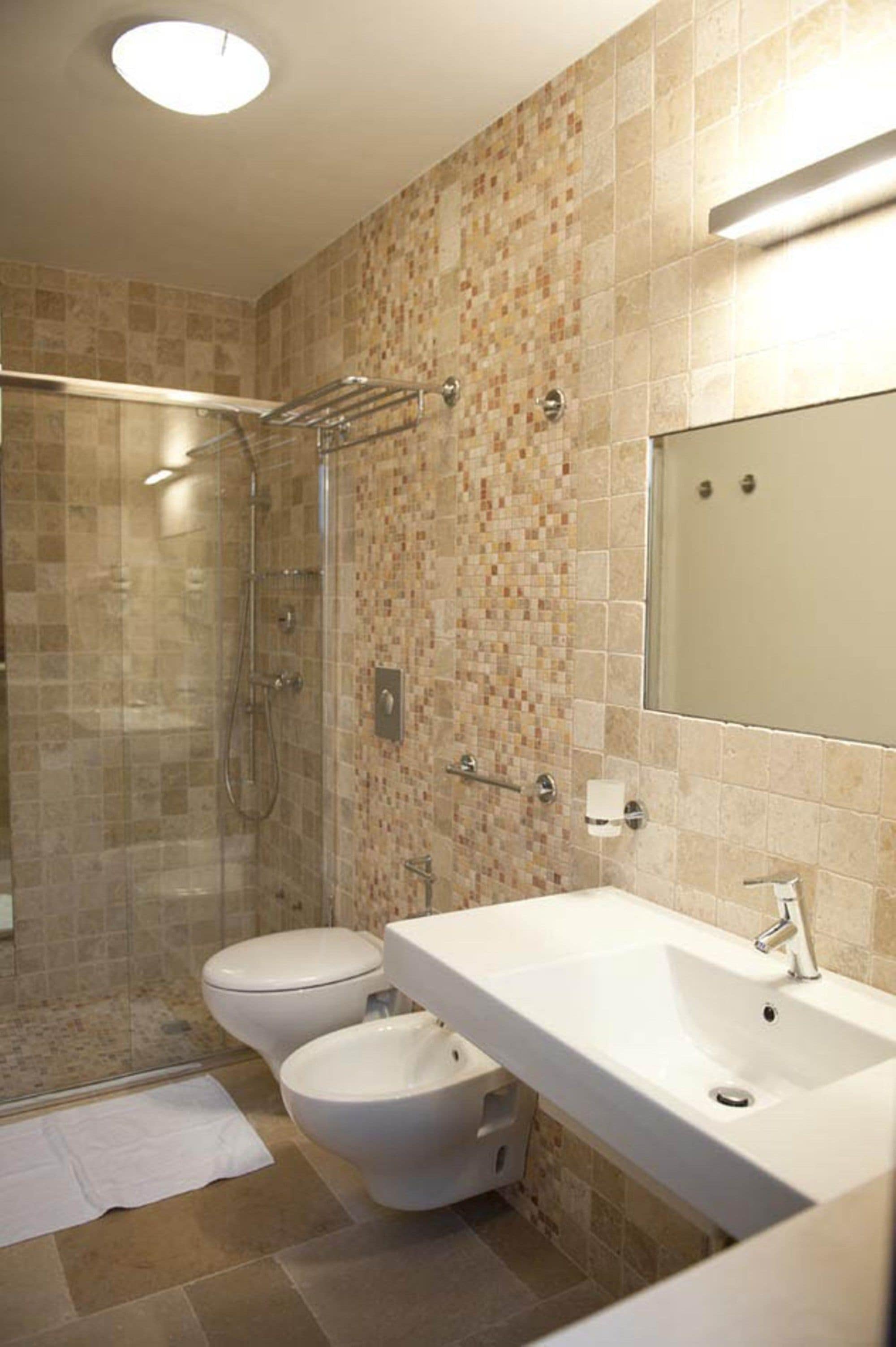 A bathroom with a shower, two toilets, a sink, and a mirror.
