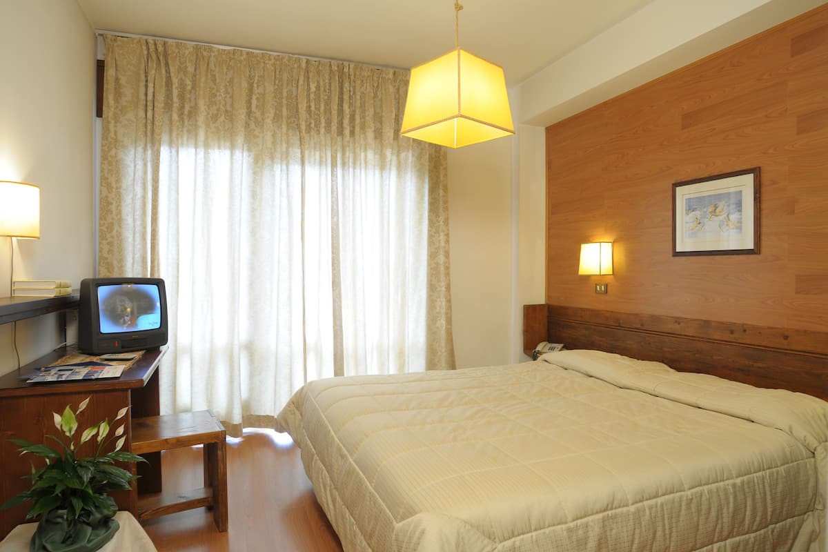 A hotel room with a bed, a desk with a television, a lamp, and a plant.