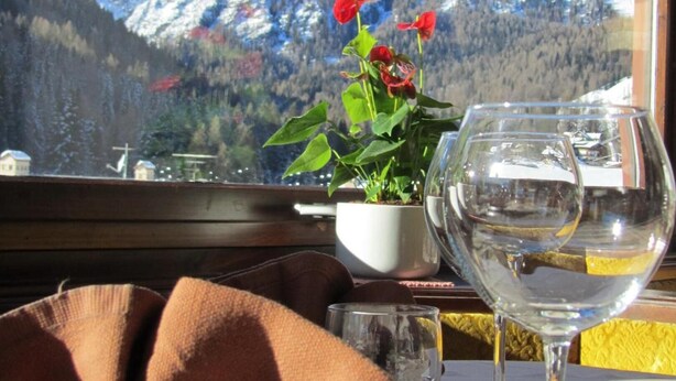 Una mesa con una copa de vino y una planta en maceta, una ventana con vistas a montañas nevadas.