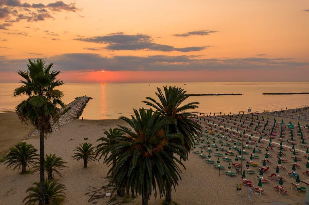 Ein Strand mit Palmen, einer Reihe von Strandsonnenschirmen und einem Sonnenuntergang im Hintergrund.
