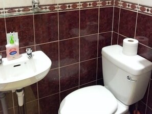 A bathroom with a white sink, a toilet, and a bottle of hand soap.