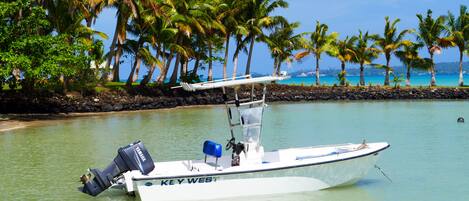 Un barco llamado "KEY WEST" anclado cerca de una playa con palmeras y agua azul cristalina.