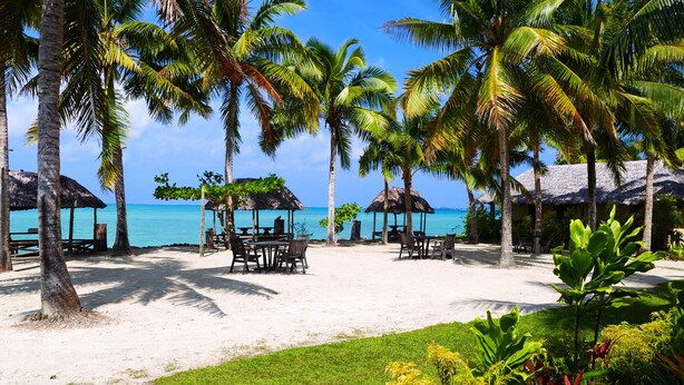 A beach with palm trees, thatched-roof structures, and a clear view of the ocean. - Le Vasa Resort (Cape Fatuosofia)