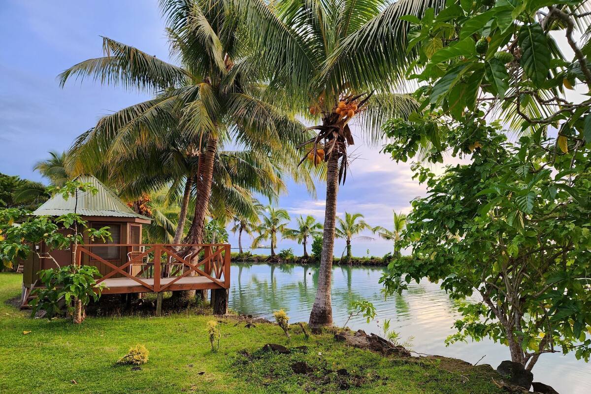 A wooden deck with a view of a calm lake, surrounded by palm trees and a small building with a sloped roof.