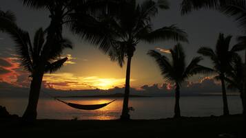 A hammock between palm trees on a beach at sunset.