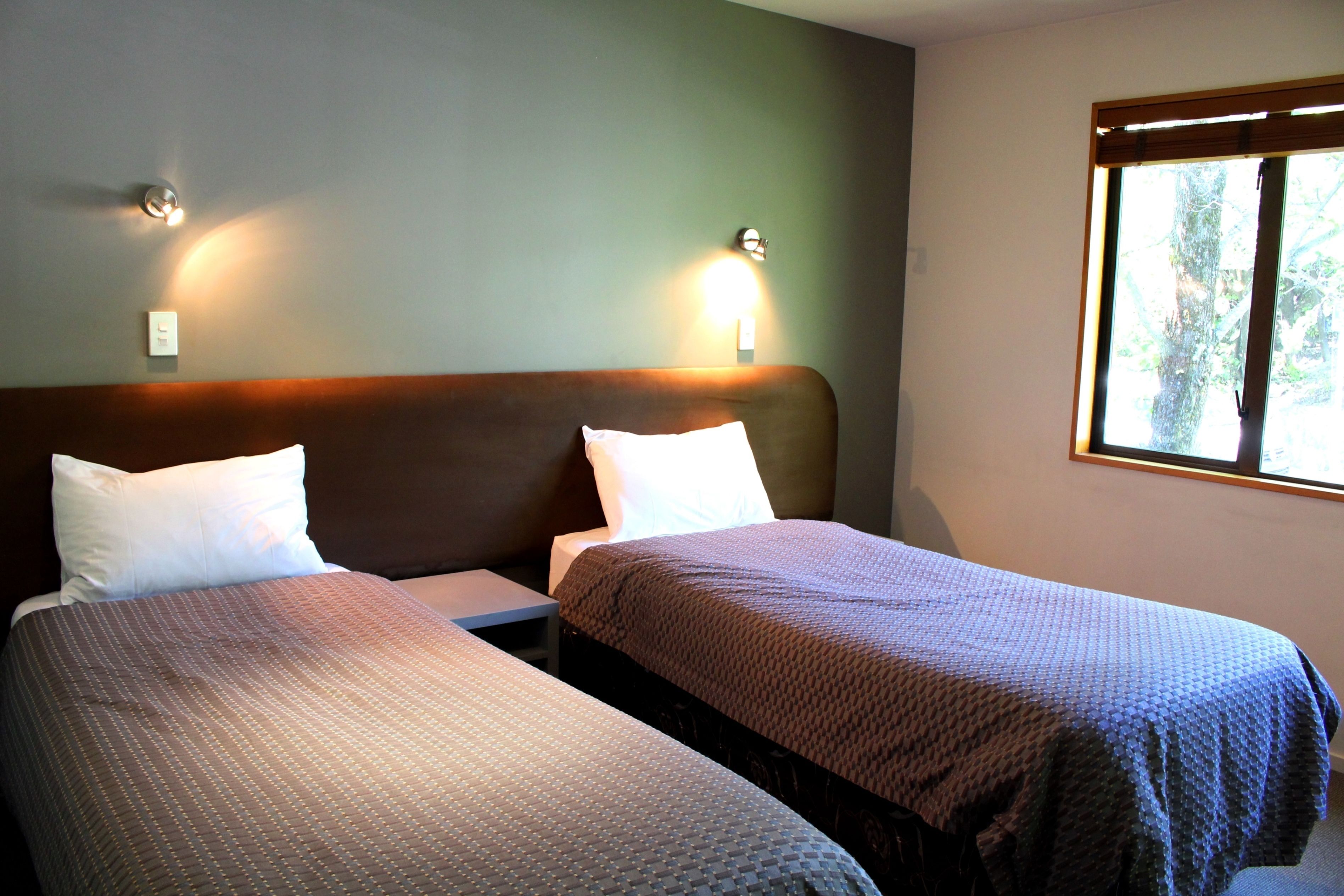 A room with two single beds, a nightstand, a wall-mounted light, and a window with a view of trees.