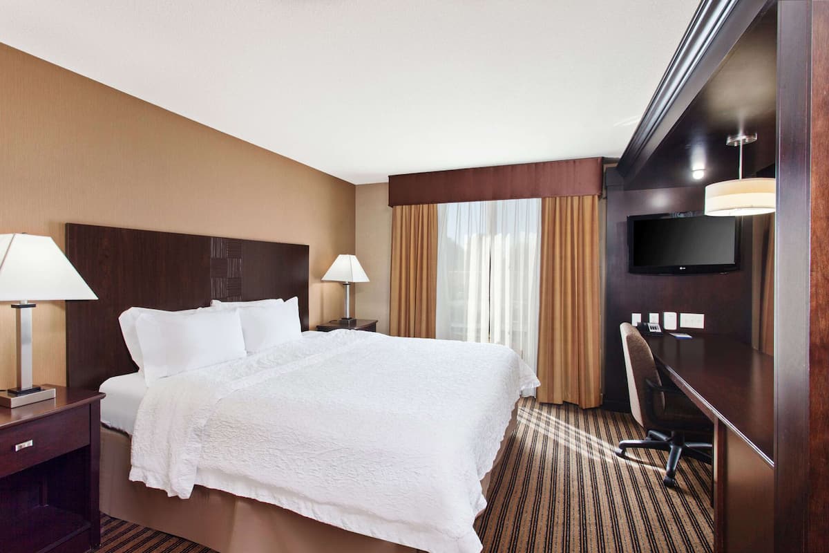 Quarto de hotel com uma cama grande, duas mesas de cabeceira com luminárias, uma TV de tela plana na parede e piso coberto por carpete.