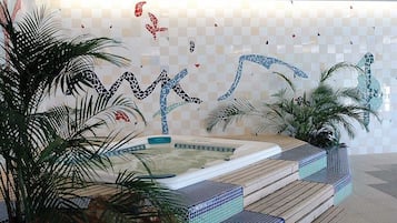 Indoor pool, outdoor pool, pool umbrellas, sun loungers