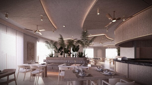 A spacious dining area with multiple tables, chairs, and ceiling fans. - Bodrum Beach Resort (Bodrum)