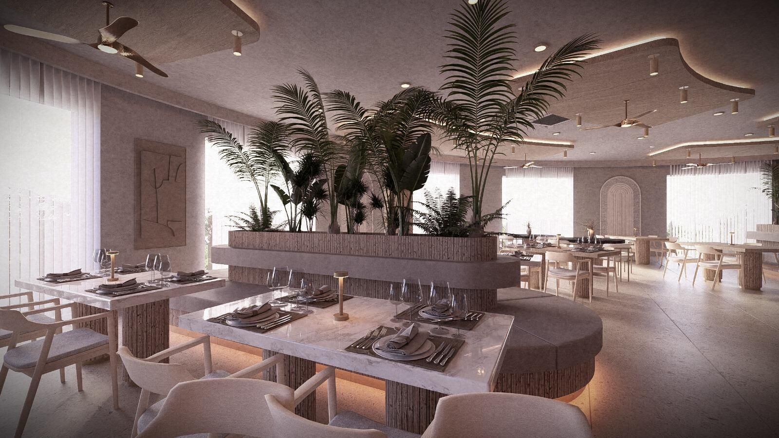 A modern dining area with a central island, multiple tables, and chairs.