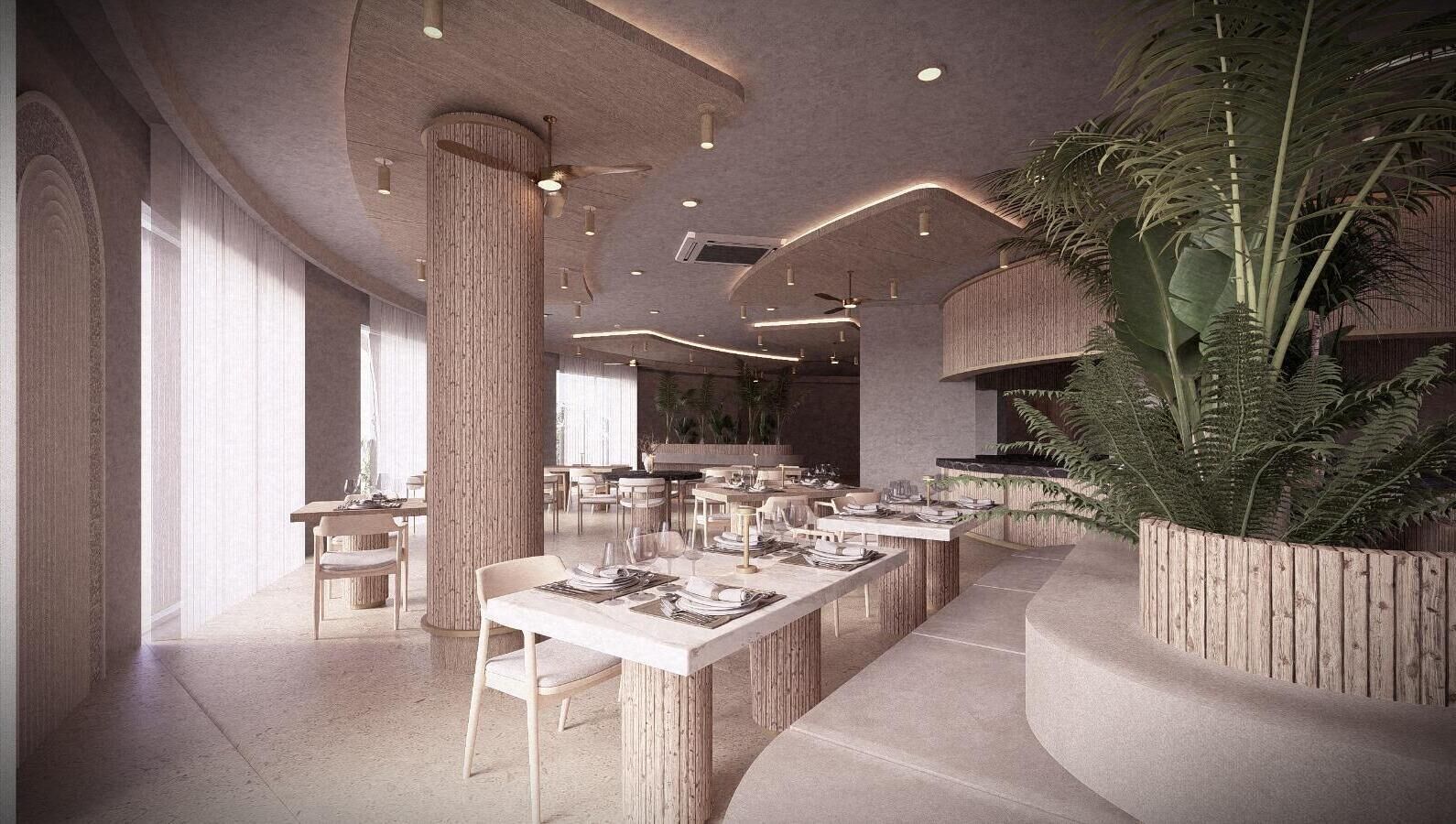 Un restaurant moderne, avec un intérieur caractérisé par de hauts plafonds, des poutres apparentes en bois et un espace de restauration central agrémenté de tables et de chaises.