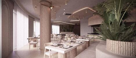 Un restaurant moderne, avec un intérieur caractérisé par de hauts plafonds, des poutres apparentes en bois et un espace de restauration central agrémenté de tables et de chaises.