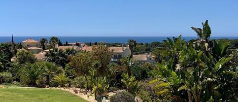 A coastal residential area with houses, lush greenery, and a clear view of the sea.