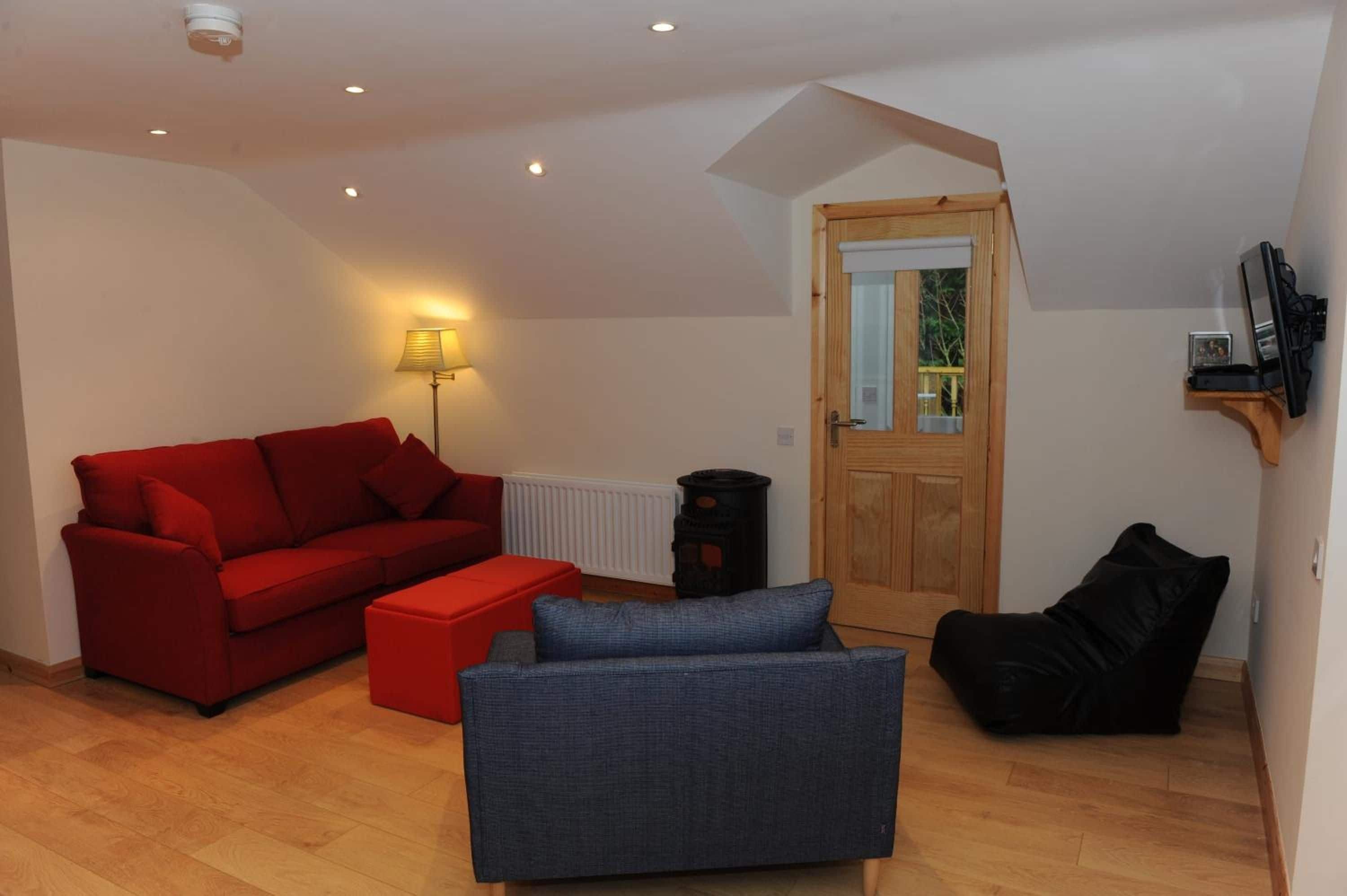 A living room with a red sofa, a blue armchair, a black bag, a heater, and a wooden door with a window.