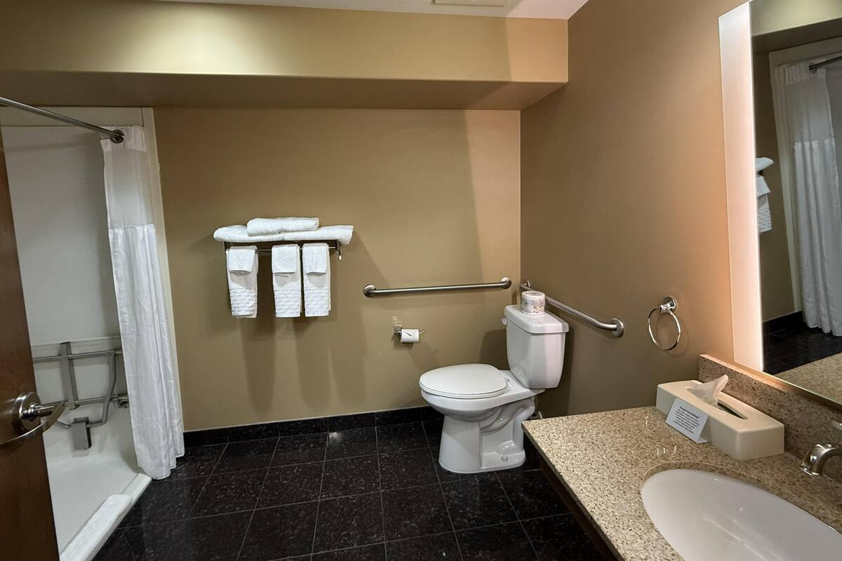 A bathroom with a toilet, handrails, a towel rack, a sink, and a mirror.