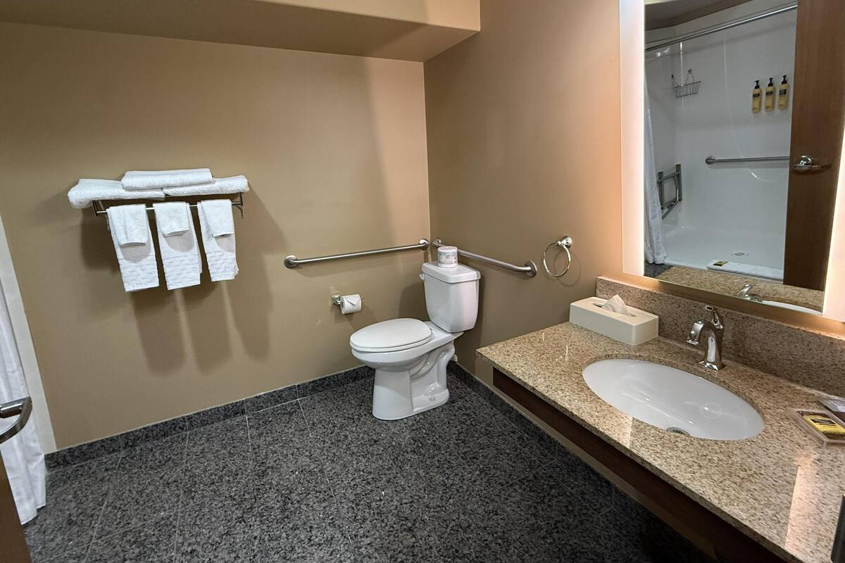 A bathroom with a toilet, sink, and shower.