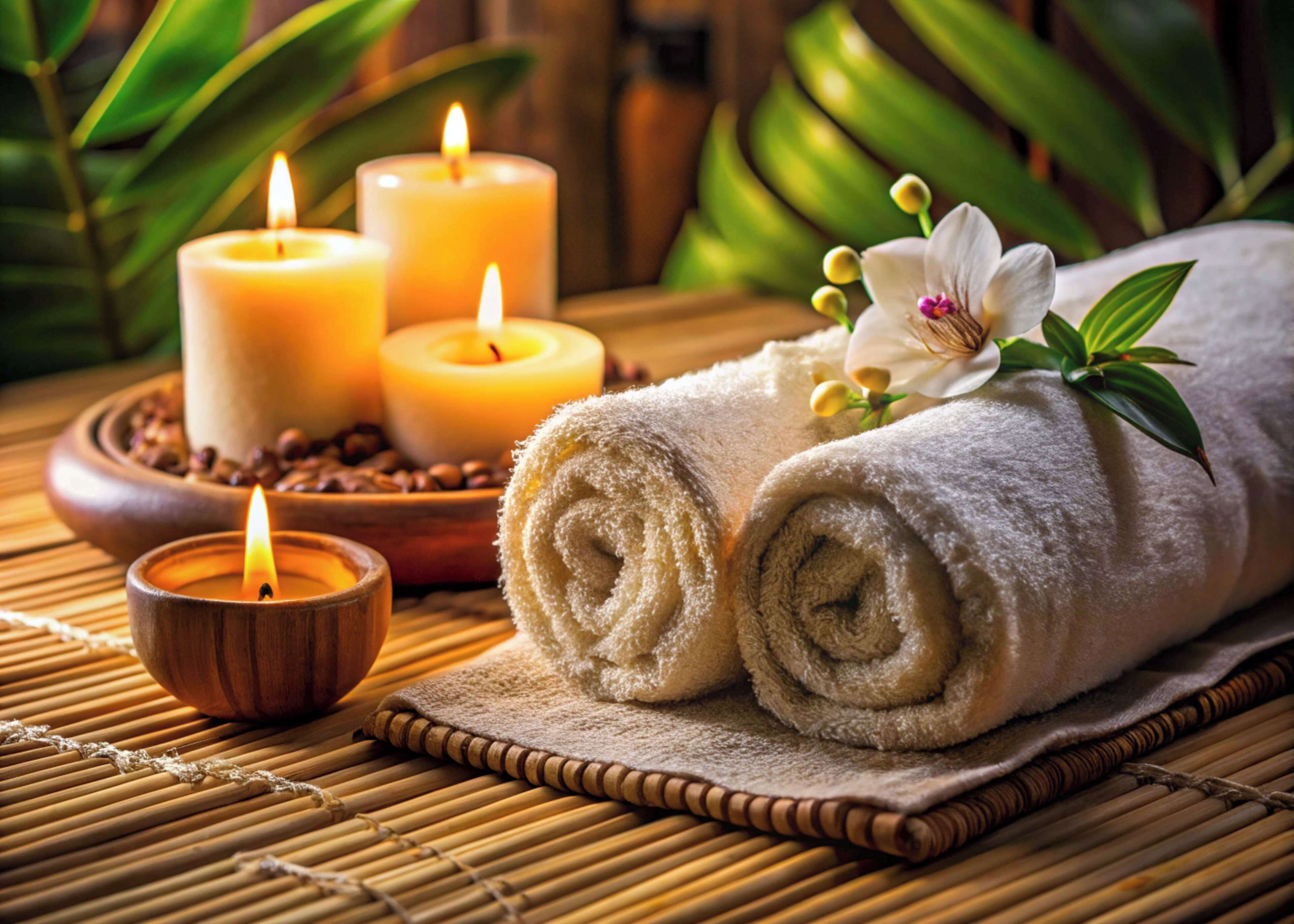 A spa setting with candles, a rolled towel, and a flower.