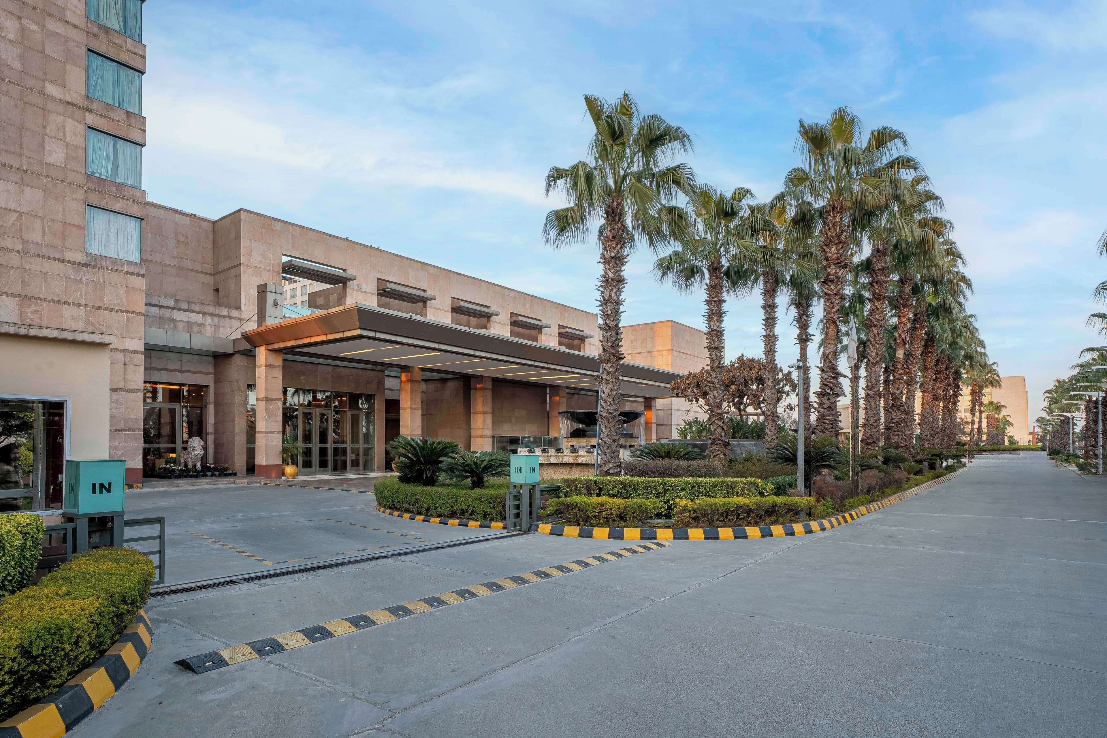 A modern hotel entrance with a covered walkway, palm trees, and a clear sky.