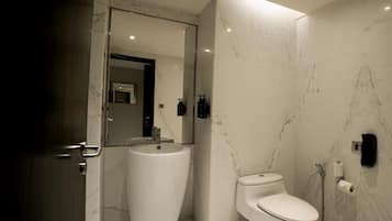 A modern bathroom with a large sink, toilet, and shower.