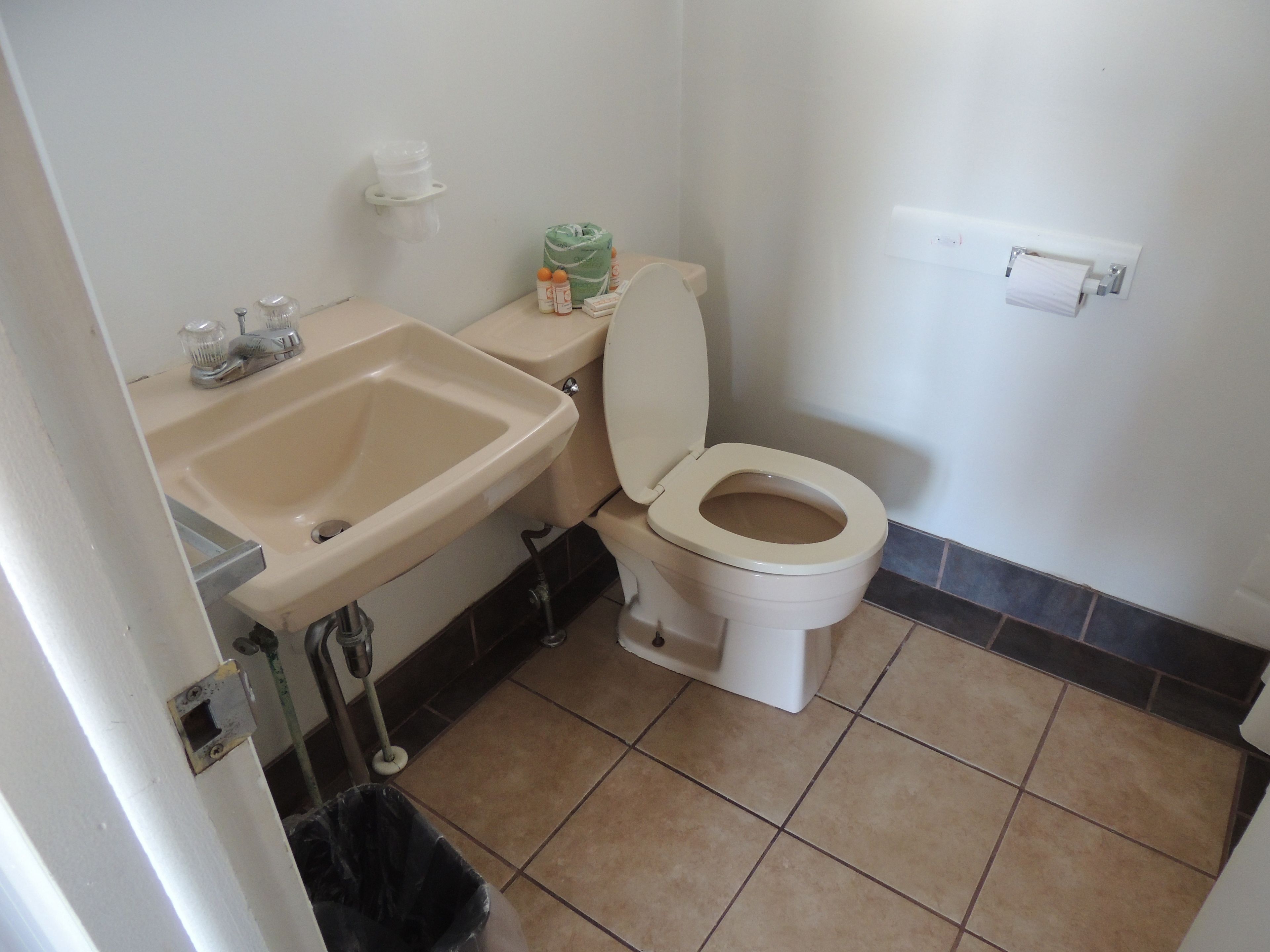 Ein Badezimmer mit Waschbecken, Toilette und Mülleimer.
