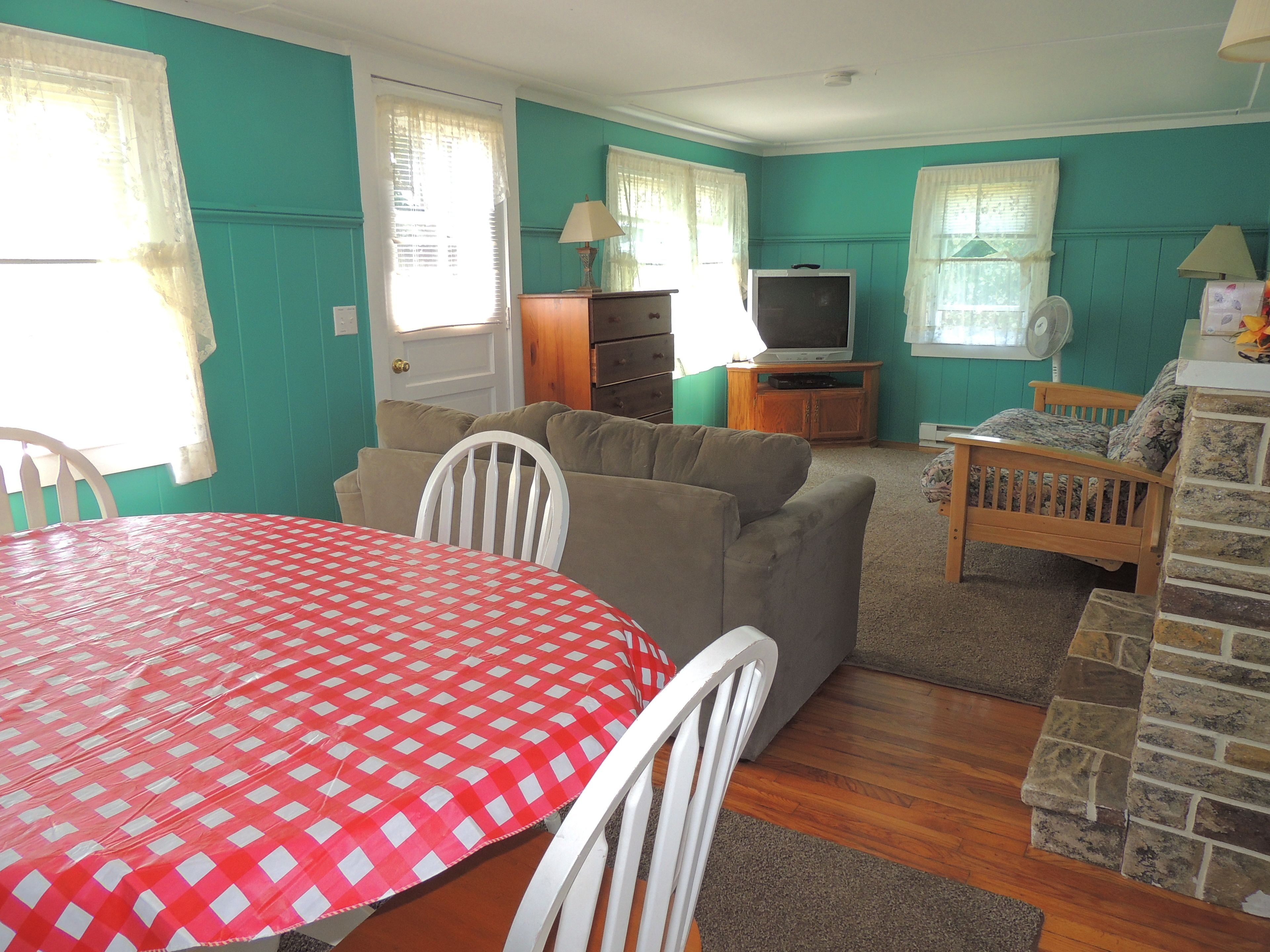 A living room with a red and white checkered table, a grey sofa, a wooden chair, a television, and a stone fireplace.