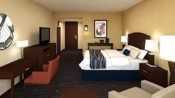 Une chambre d’hôtel avec un lit, un bureau, une chaise, une télévision et un tableau au mur.