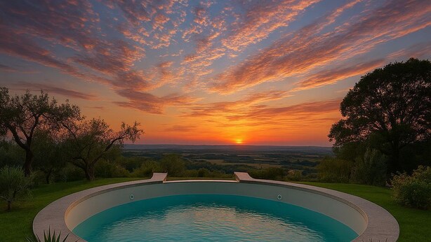 Una piscina circular con un camino de piedra que la conecta, rodeada de césped y plantas en macetas.