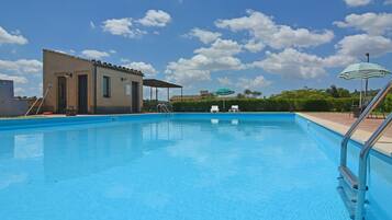 Außenpool (je nach Saison geöffnet), Sonnenschirme, Liegestühle