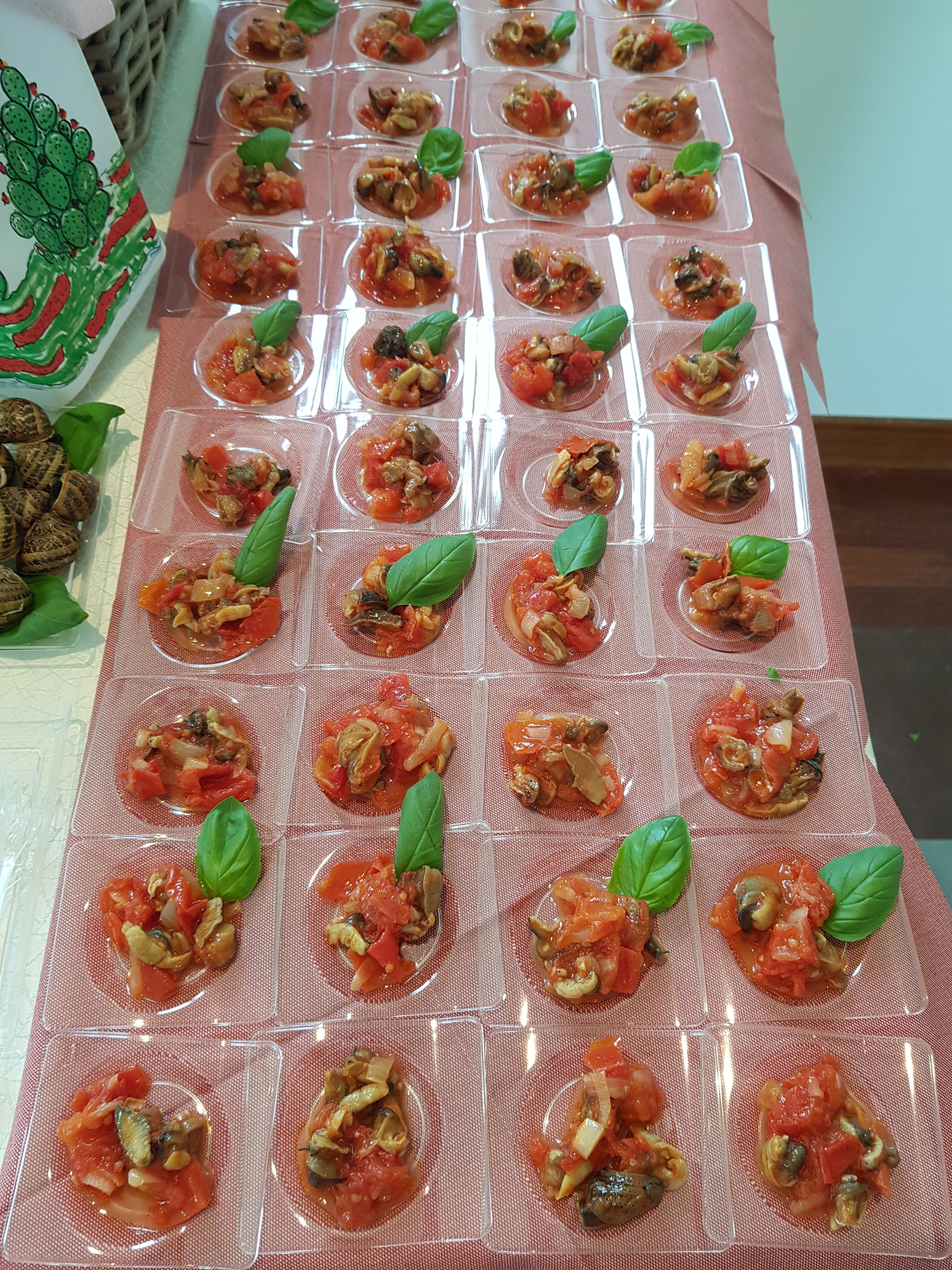 A table covered with square transparent containers holding food items, arranged in rows.
