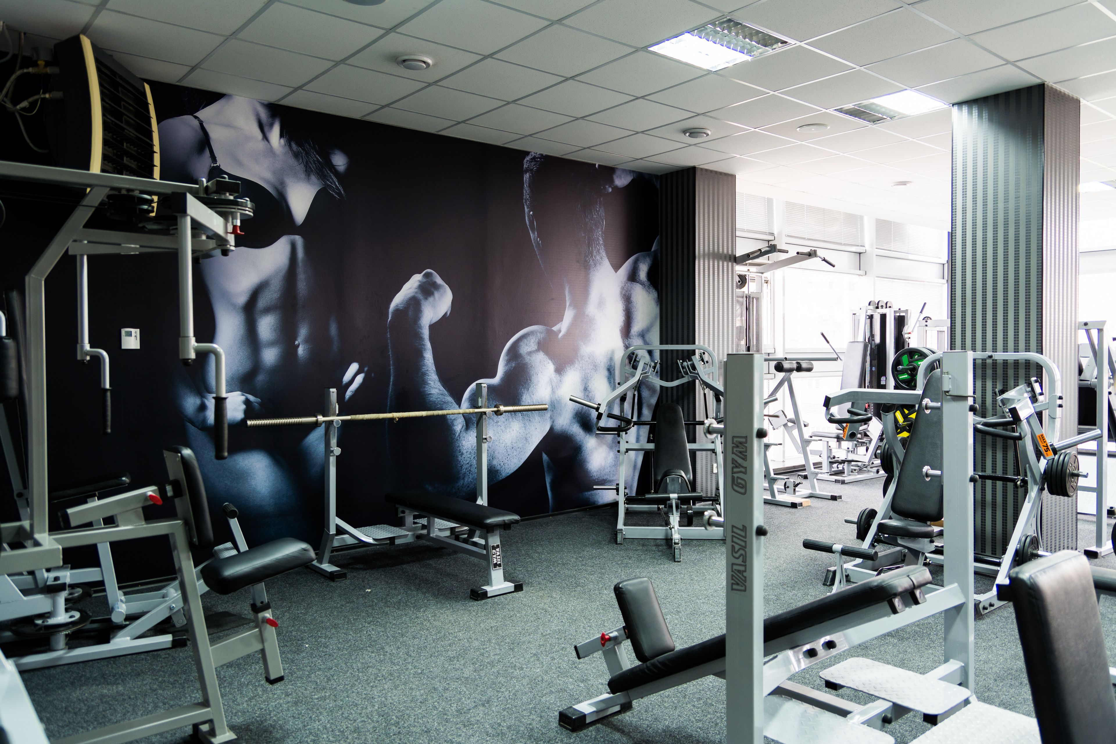 A gym with various exercise equipment, a large mural on the wall, and a ceiling with fluorescent lights.