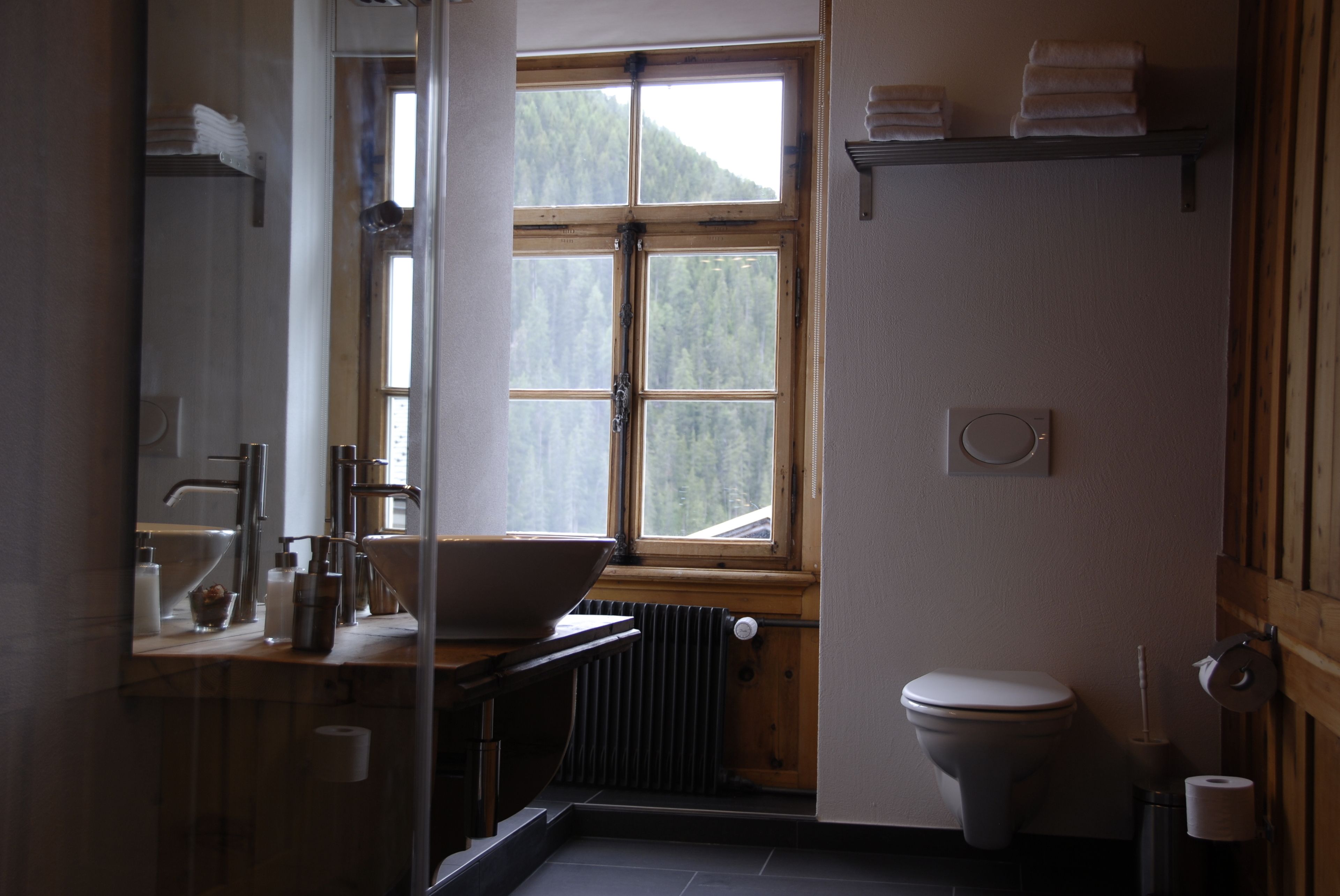 A bathroom with a wooden vanity, a toilet, a window with a view of a forest, and a shelf with towels.