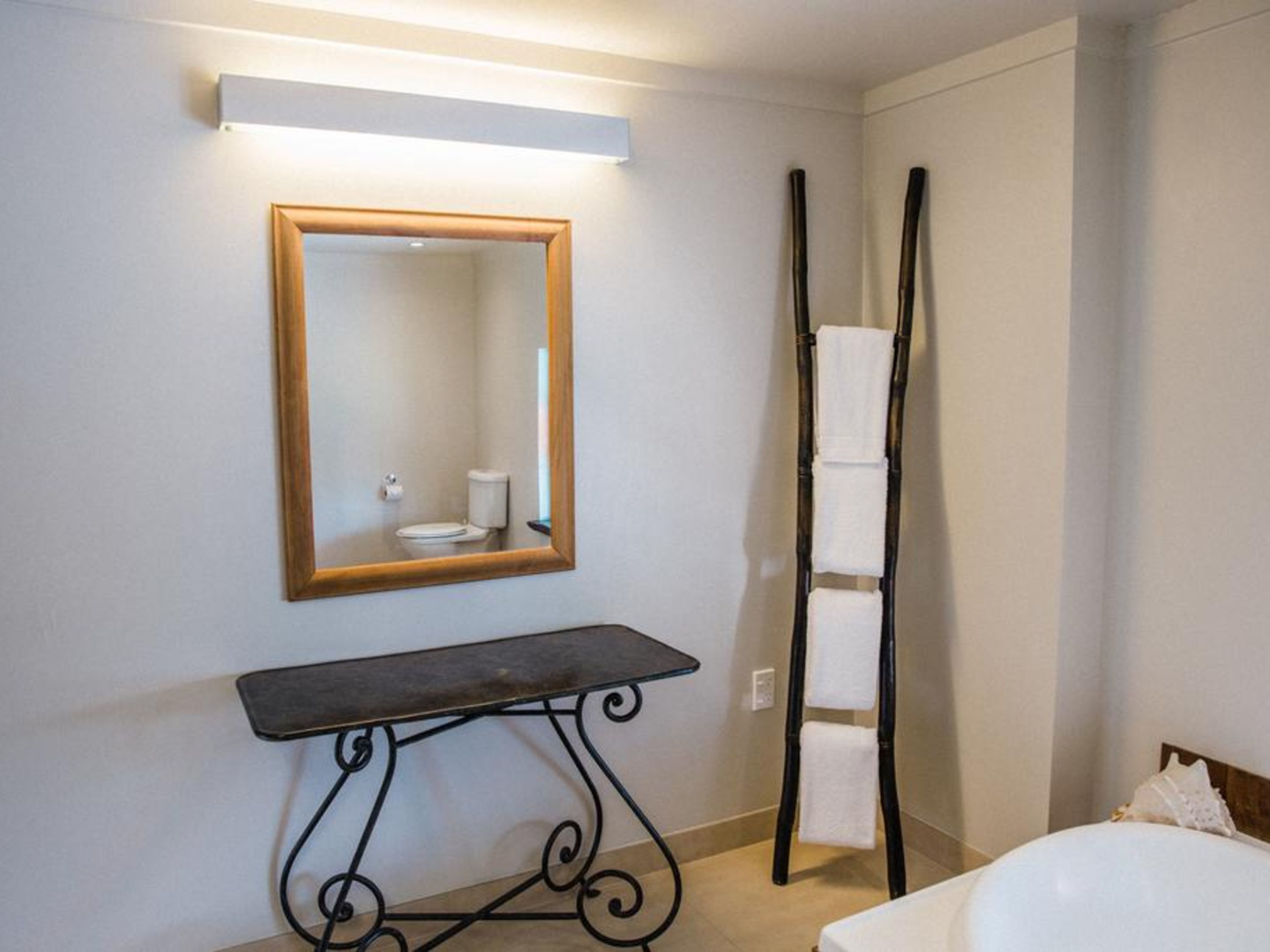 Ein Badezimmer mit Spiegel, Toilette und Handtuchhalter.