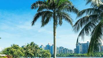 A grassy area with a hammock and lounge chairs, palm trees, and a city skyline in the background.