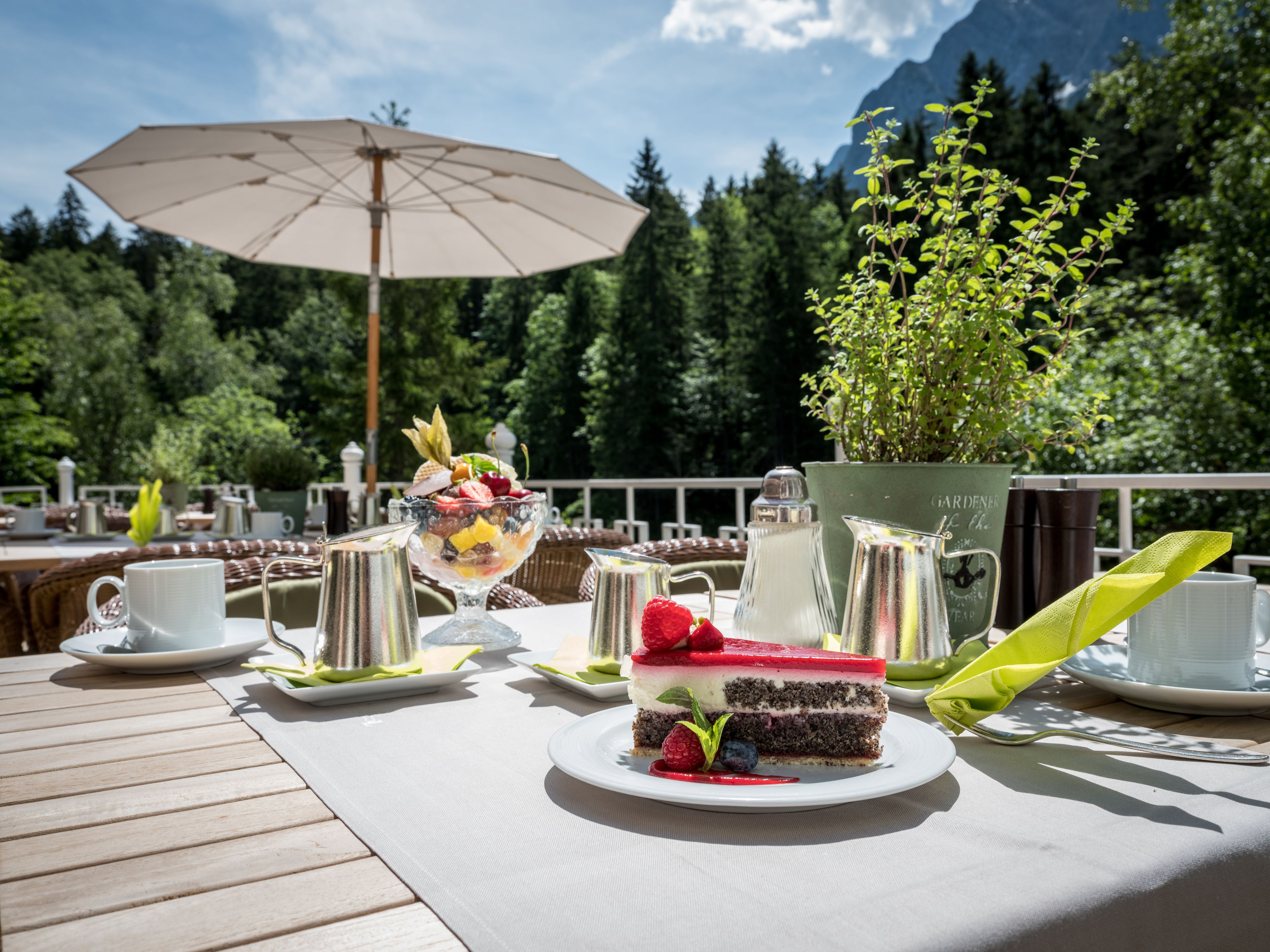 A table set with a dessert, a pitcher, and a potted plant, with a mountain backdrop.
