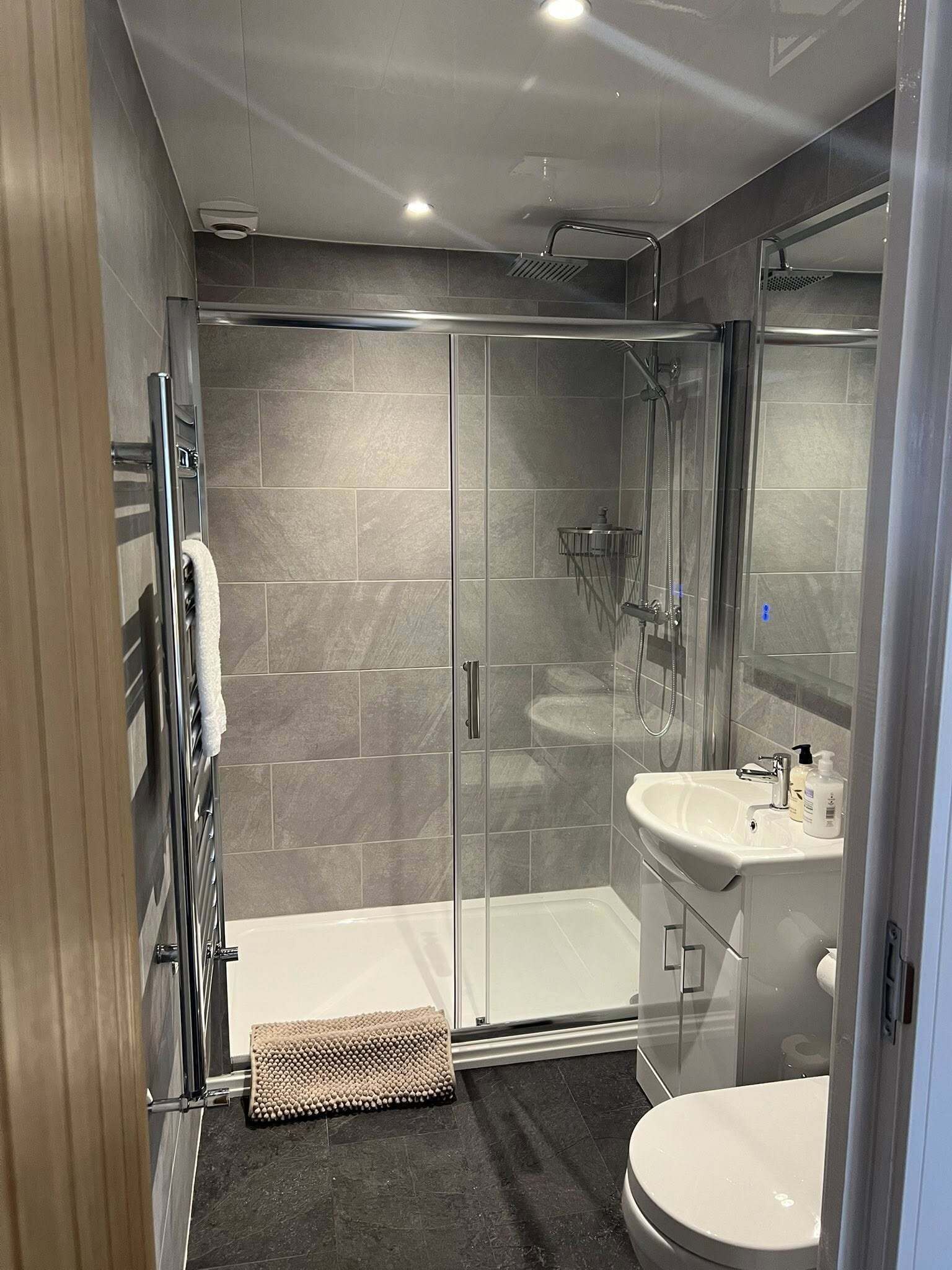 A modern bathroom with a glass-enclosed shower, a white sink, and a toilet.