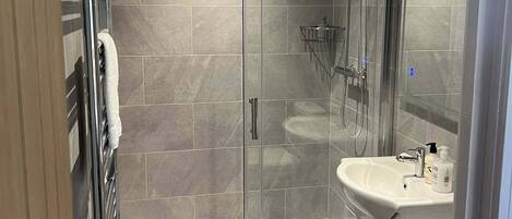 A modern bathroom with a glass-enclosed shower, a white sink, and a toilet.