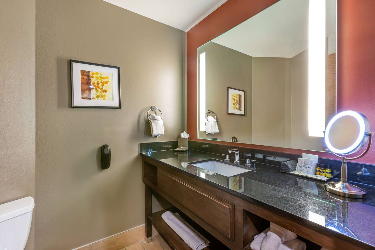 A modern bathroom with a double sink, a large mirror, and a towel rack.