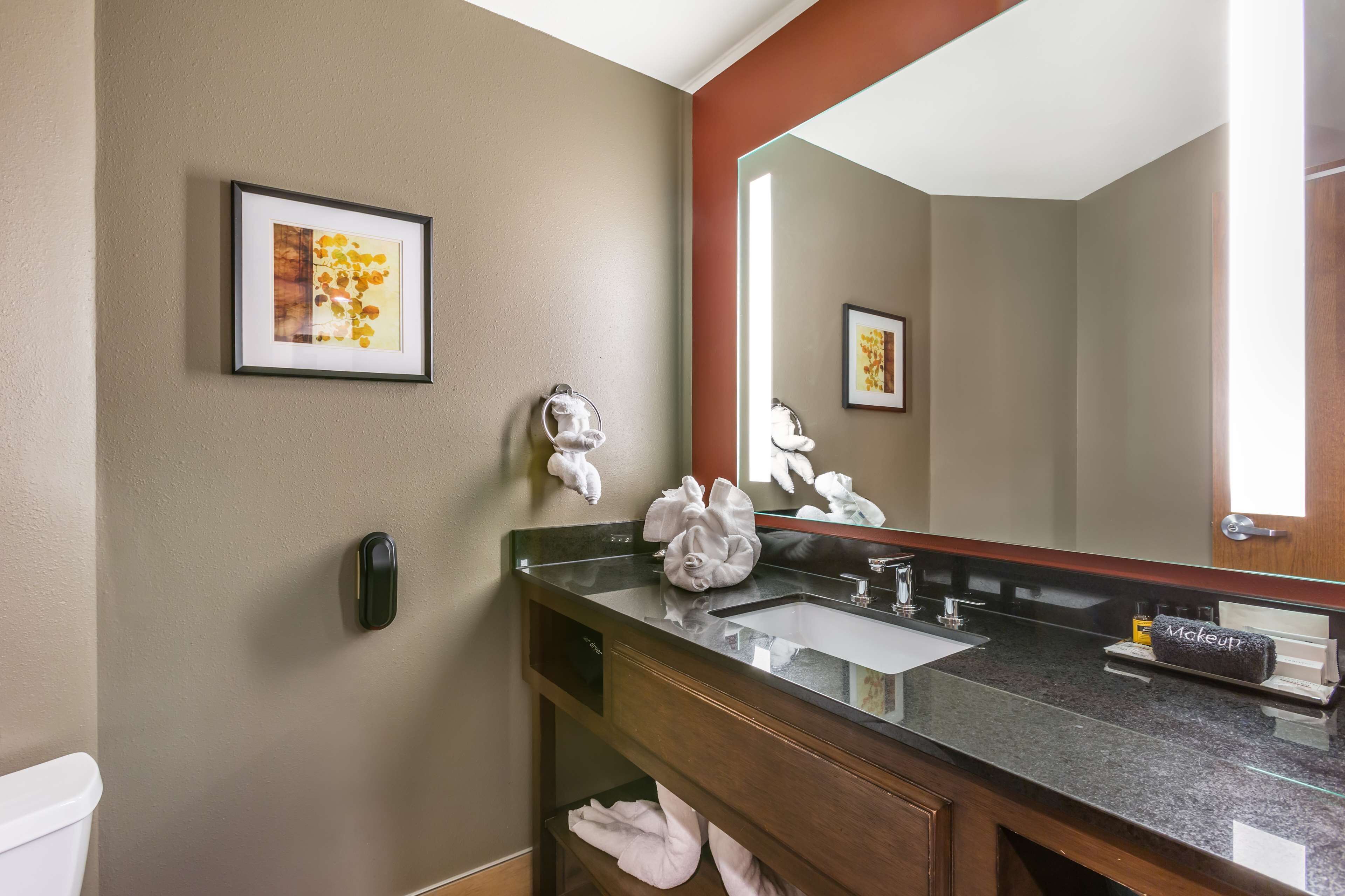 A bathroom with a sink, mirror, towel rack, and framed artwork on the wall.