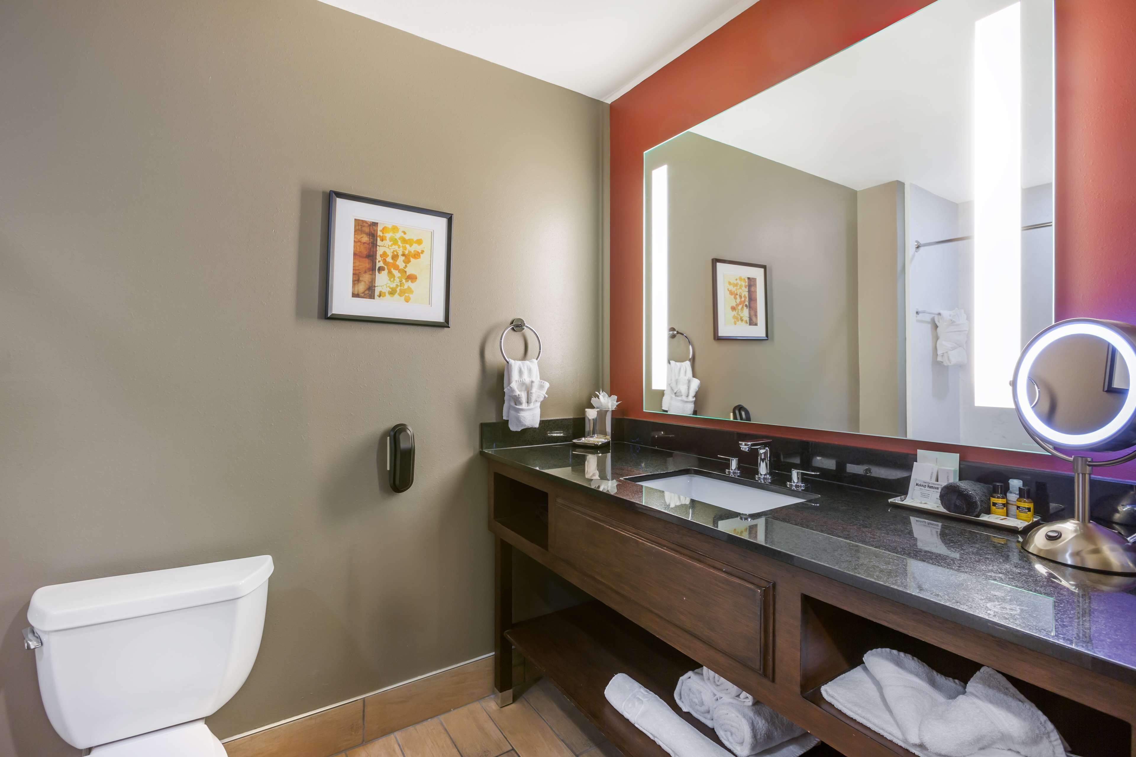 Une salle de bain moderne équipée de toilettes, d’un lavabo et d’un meuble-vasque. On y trouve des serviettes et des articles de toilette sur le meuble-vasque, ainsi qu’un grand miroir avec un éclairage.
