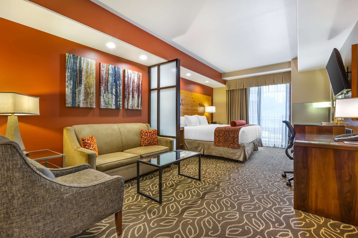 Une chambre d’hôtel avec un canapé, un lit, un bureau et une télévision.