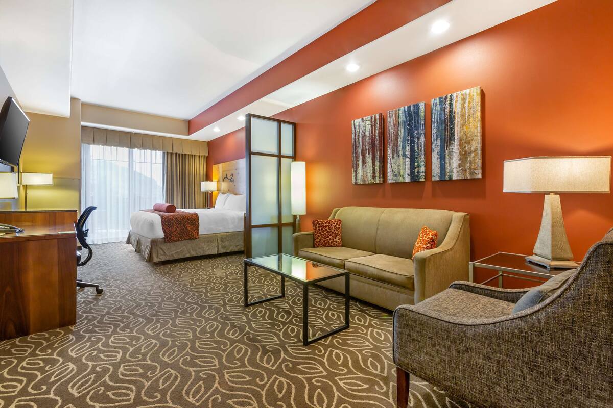 A hotel room with a bed, a sofa, a coffee table, and a TV.