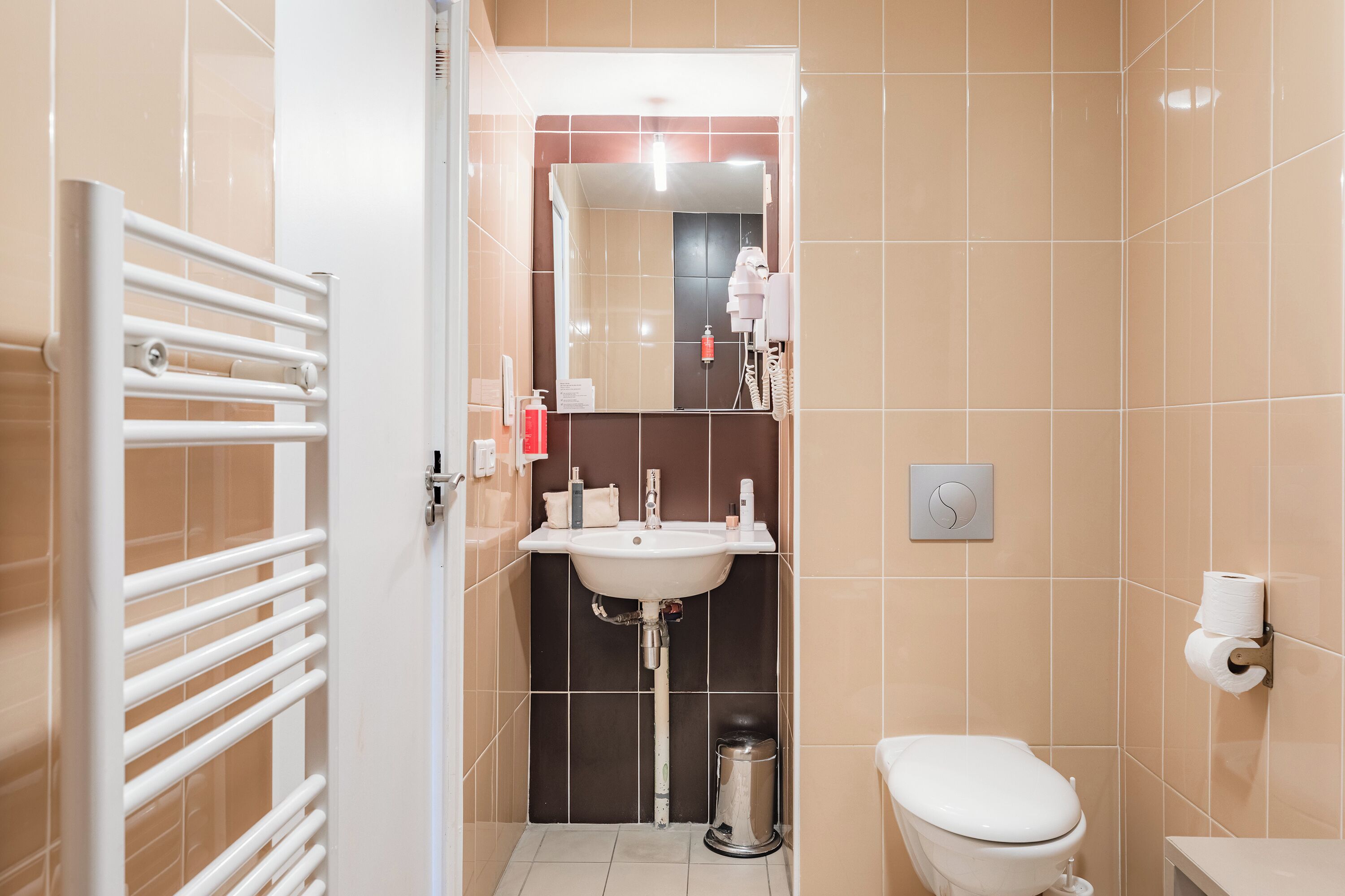 A bathroom with a white toilet, a sink, and a mirror.