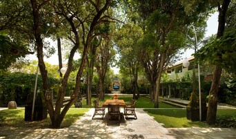 A pathway leading to a dining area with a table and chairs, surrounded by trees and a building in the background.