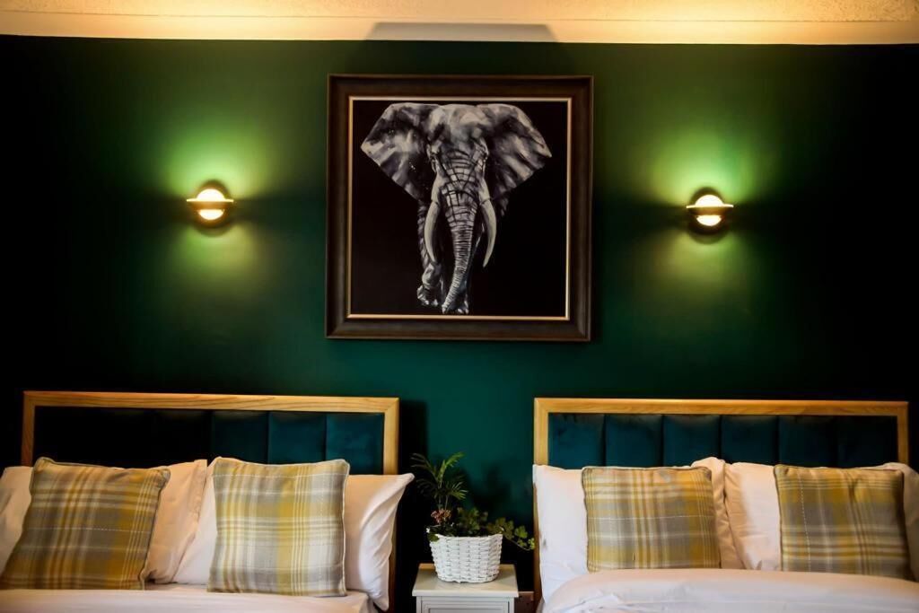 A hotel room with two beds, dark green walls, and a framed elephant artwork above the beds.