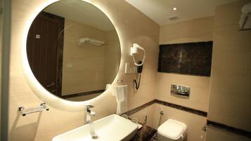 Shower, free toiletries, hair dryer, slippers