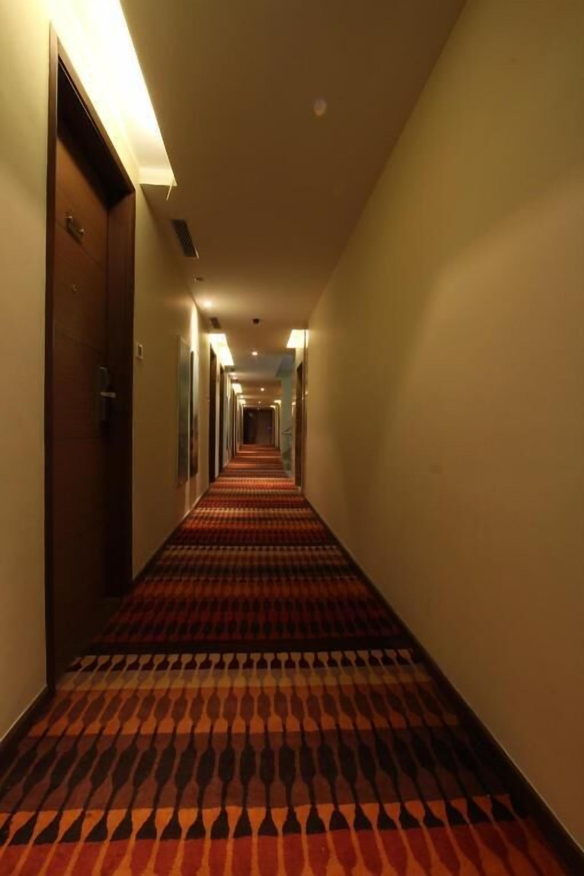 A hotel hallway with a patterned carpet, doors on both sides, and overhead lighting.