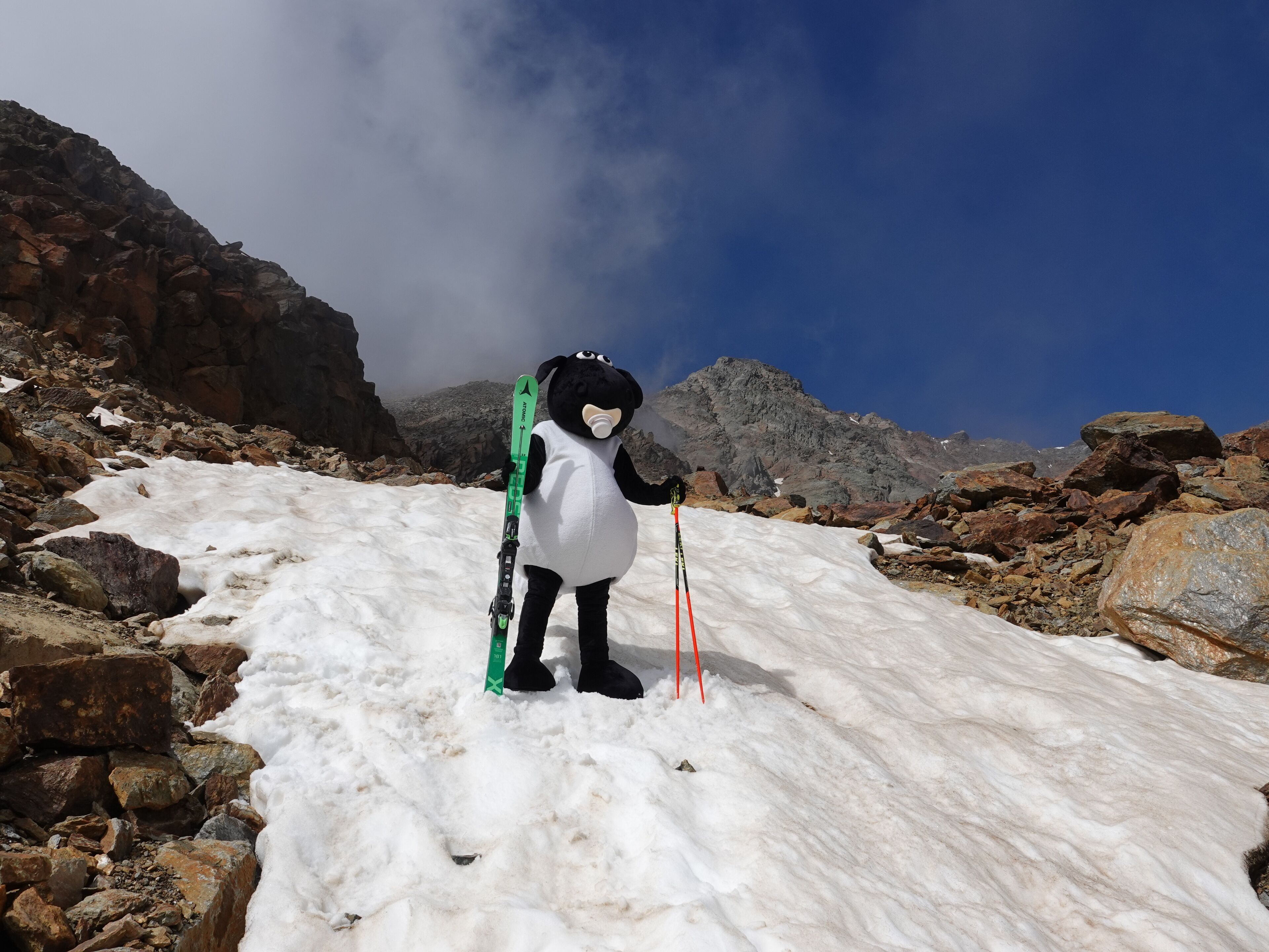 A penguin mascot on a snowy mountain with rocky terrain and a clear sky.