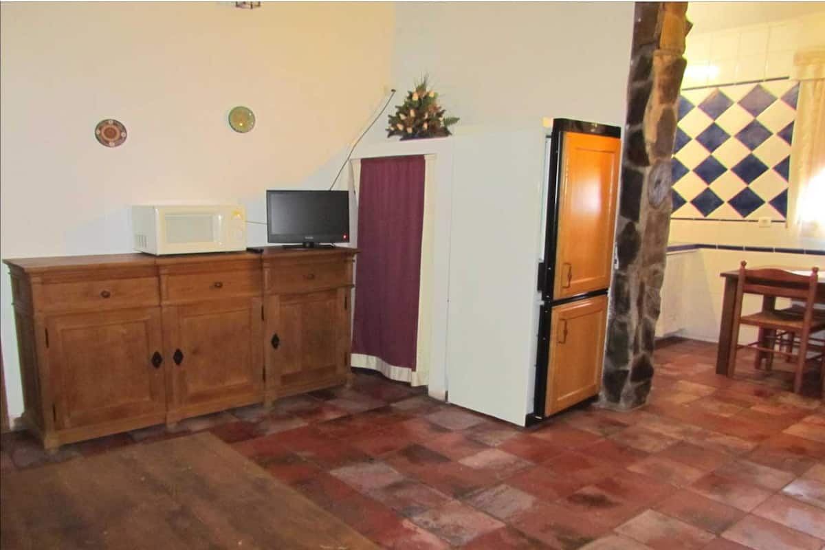 Una cocina compacta con un armario de madera, microondas, televisor y refrigerador.