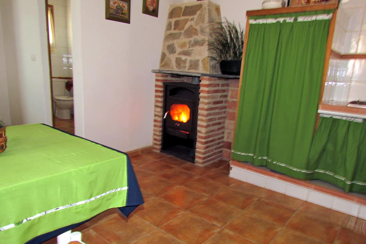 Una habitación con chimenea, una cortina verde y una cama con colcha verde.