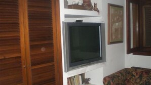 A living room with a television, a bookshelf, and a patterned sofa. - Pousada do Golfista (Guaruja)